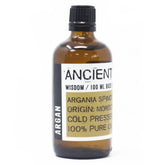 Bruine glazen fles met Marokkaanse koudgeperste Arganolie van Ancient Wisdom